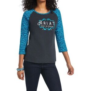Ariat REAL Women's Medium Charcoal & Teal Leopard Raglan Tee